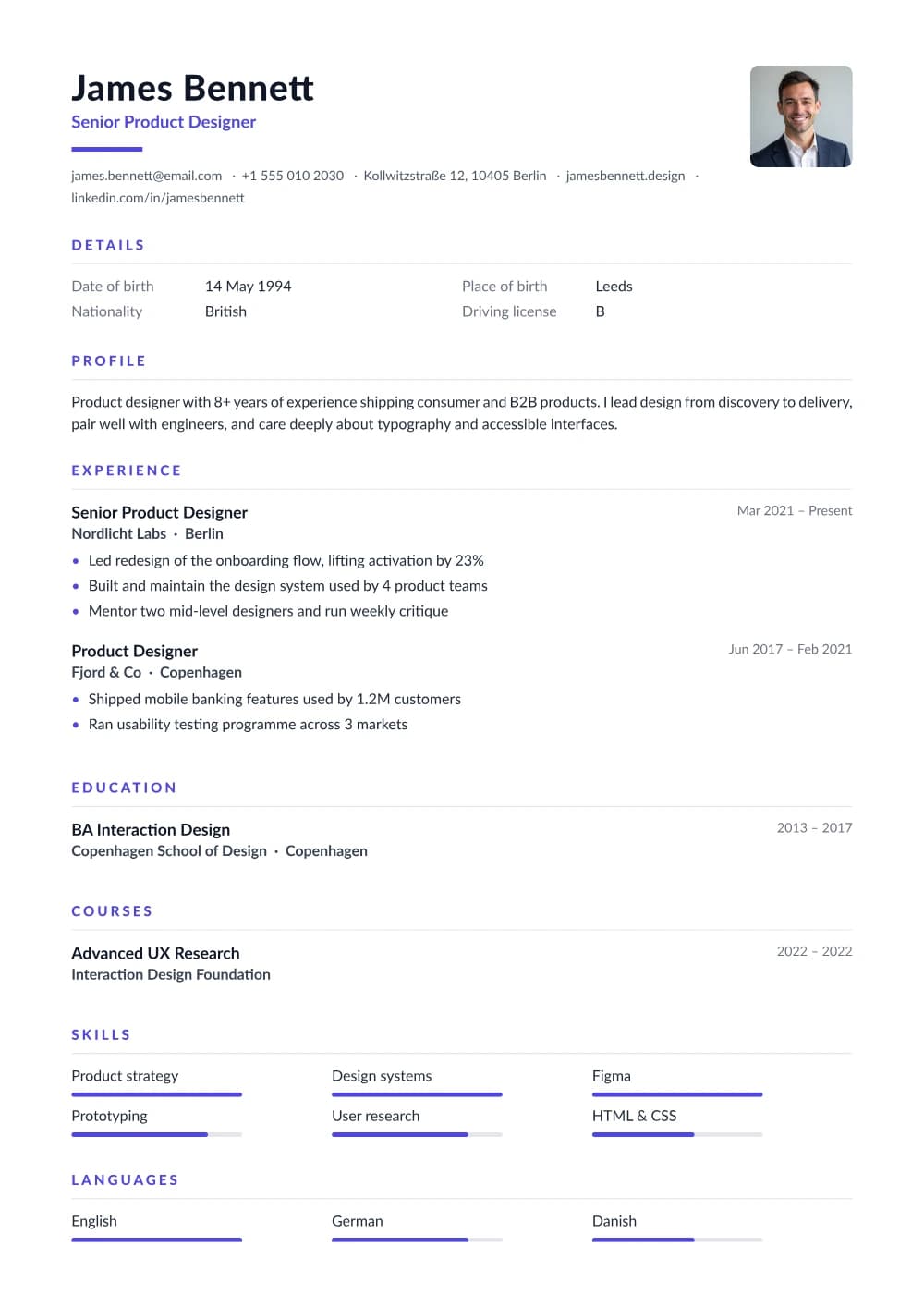 Modern CV template example